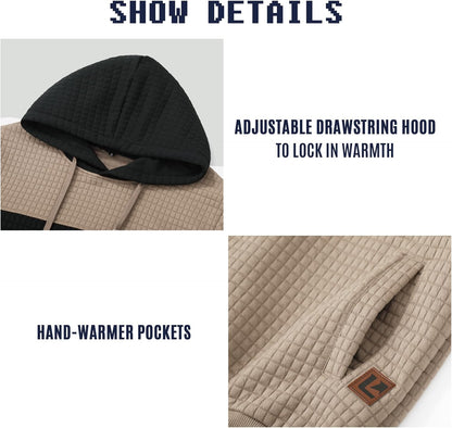 Men’s Sweatshirts Long Sleeve Pullover Patchwork Plaid Jacquard Hoodie Casual Drawstring Hoody Top