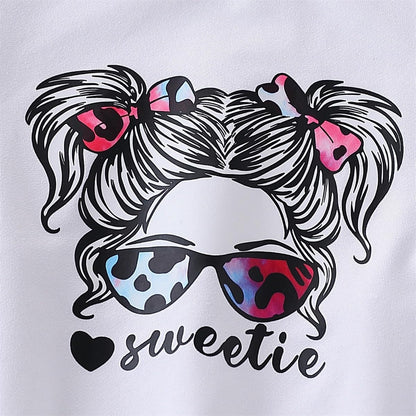 Toddler Girl Clothes Long Sleeve Cartoon & Letter Graphic Top + Fruit Stationery Print Flared Leg Pants