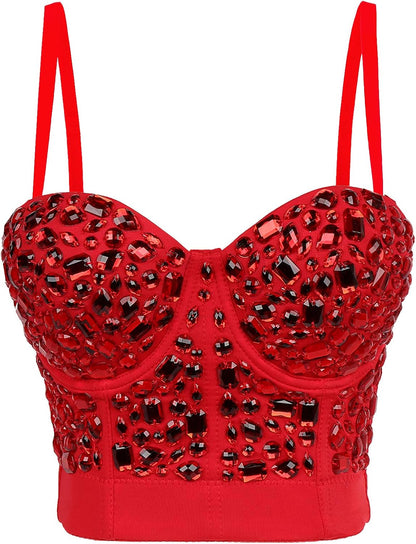 Women's Handmade Rhinestone Diamond Push up Bustier Crop Top Punk Corset Bra Vest