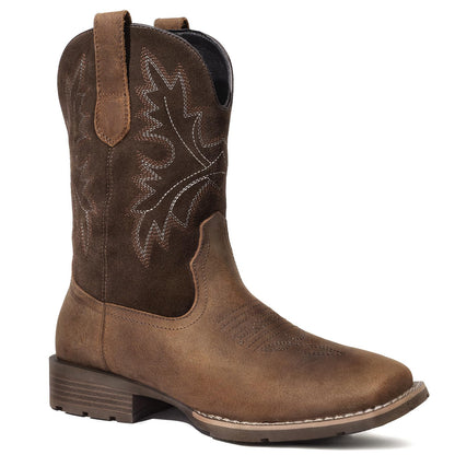 Lumeheel Cowboy Boots for Men - Western Men's Boots with Classic Embroidered, Slip on Square Toe Boots, Slip Resistant Country Boots Chunky Heel Ankle, Durable Short Boots for Spring Fall