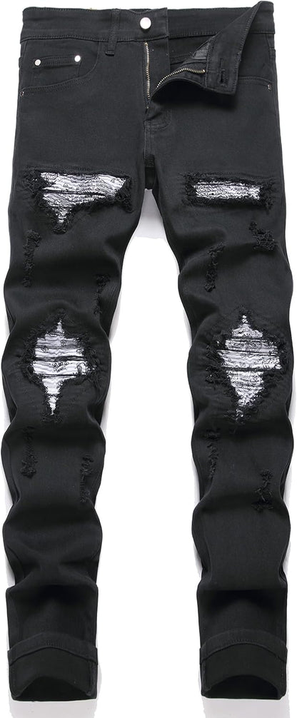 OIIIO Men's Patch Ripped Stretch Regular Fit Jean