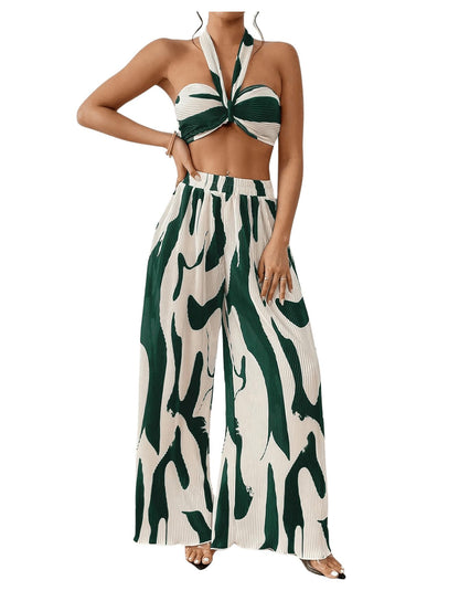 OYOANGLE Women's 2 Piece Outfits Graphic Print Knitted Crop Halter Top and Wide Leg Pants Set