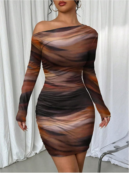 Women's Off Shoulder Ombre Tie Dye Bodycon Dress Long Sleeve Slim Fit Pencil Mini Dresses