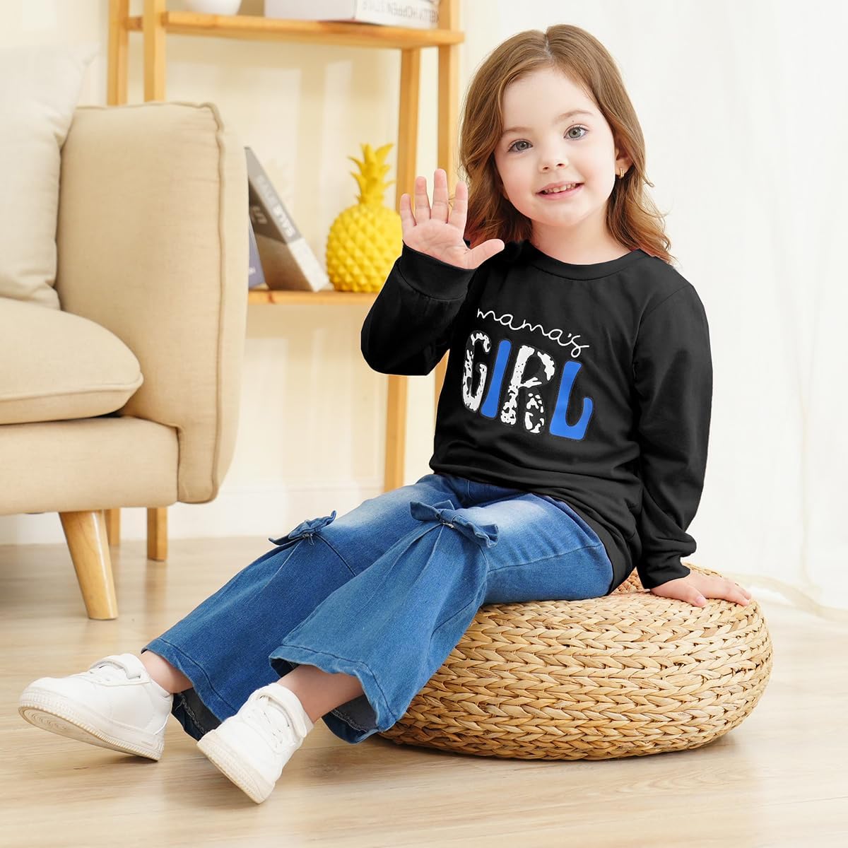 Toddler Girl Clothes Long Sleeve Cartoon & Letter Graphic Top + Fruit Stationery Print Flared Leg Pants