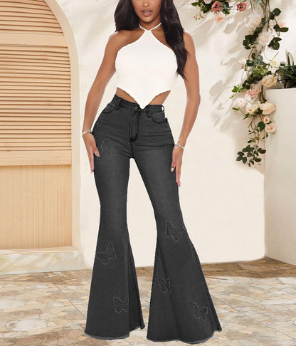 Women's Bell Bottom Jeans Classic Destoryed Ripped Flare Jeans Elastic Waist Raw Hem Denim Pants