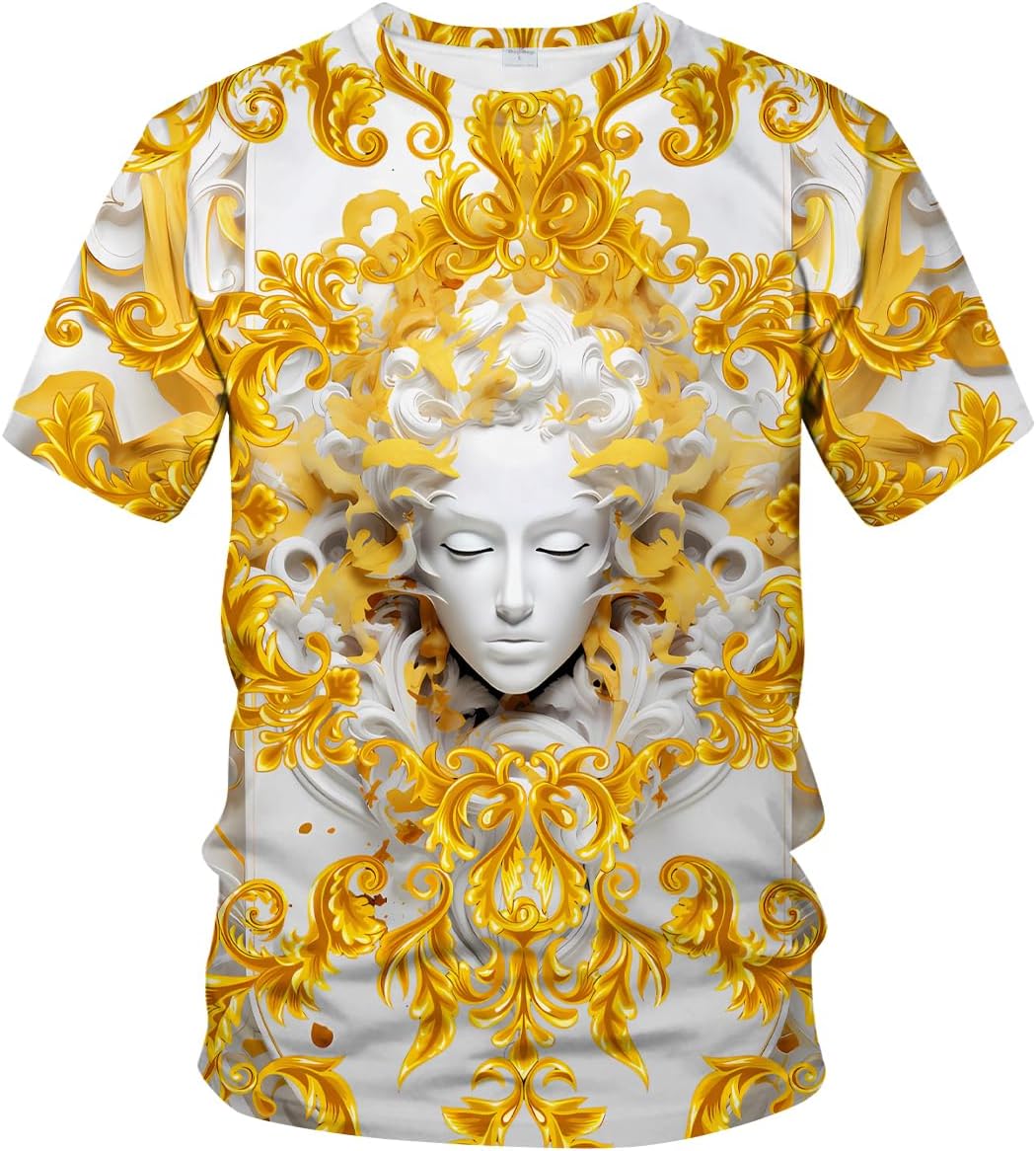 LAOLIUSN Men's Gold Shiny Printed T-Shirt - Golden Ornate Theme, Floral Graphic Tee Shirt