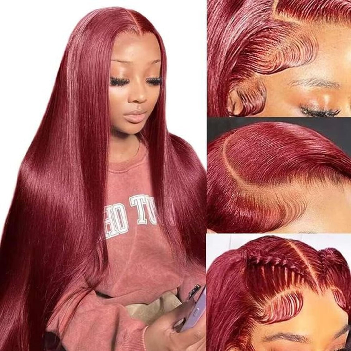 Burgundy Wig Human Hair 28inch 13x6 HD Transparent Lace Straight 99J Red Human Hair Wig Colored Reddish Brown Lace Frontal Wigs 180% Density Pre Plucked
