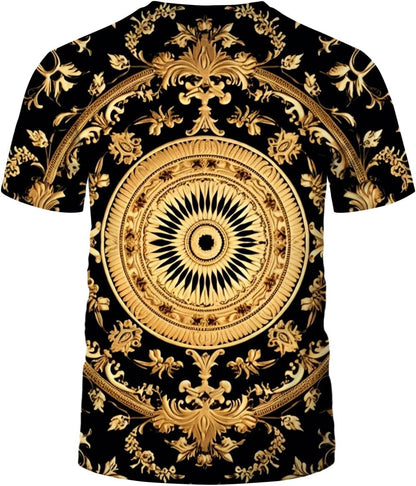 LAOLIUSN Men's Gold Shiny Printed T-Shirt - Golden Ornate Theme, Floral Graphic Tee Shirt