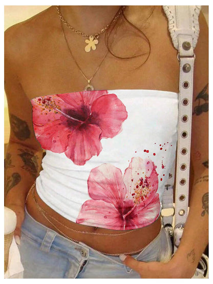 WDIRARA Women's Floral Print Strapless Crop Tube Tops Slim Fit Summer Causal Bandeau Top