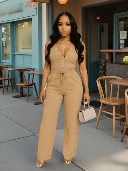 Two Piece Sets for Women Summer Casual Sleeveless Button Crop Top Drawstring Wide Leg Pants Set