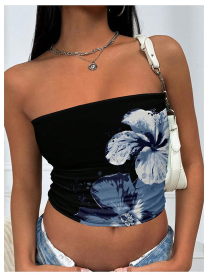 WDIRARA Women's Floral Print Strapless Crop Tube Tops Slim Fit Summer Causal Bandeau Top