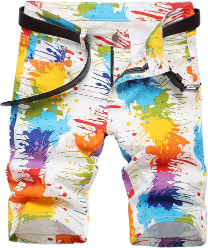 Baylvn Men's Casual Ripped Printed Denim Shorts Slim Fit Summer Beach Jeans Shorts