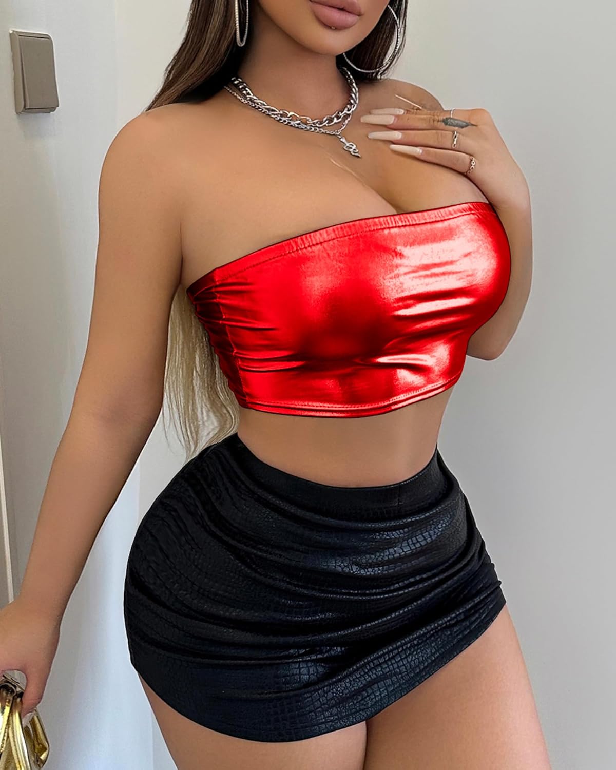 Women's Metallic Shiny Tube Top - Strapless Party Crop Top for Rave, Festival & Night Out