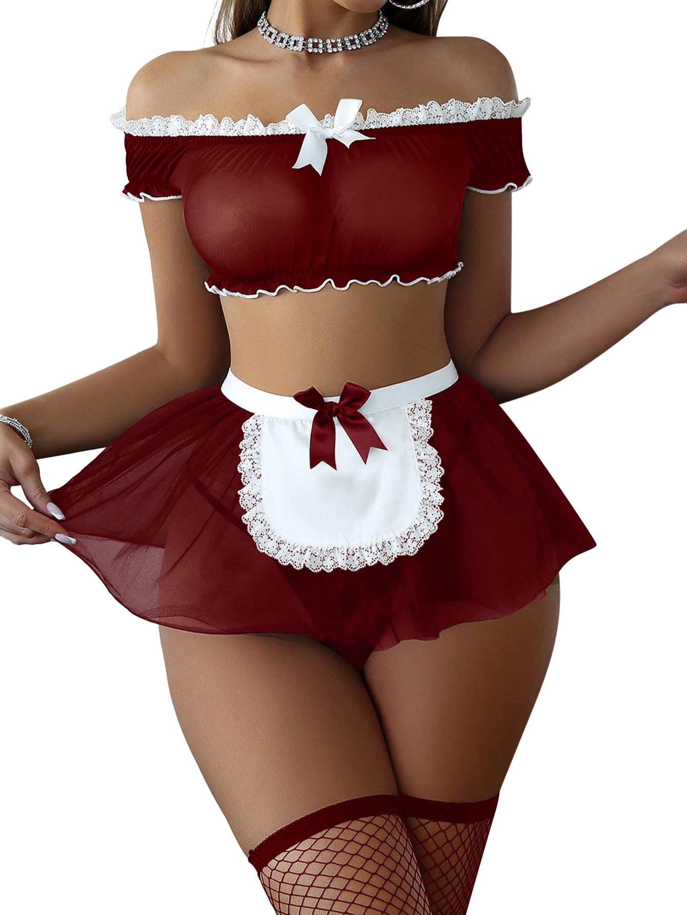 Sexy Stockings Mini Skirt Mesh Sheer Lace Costume Outfit Lingerie with Thong Set 4 Piece