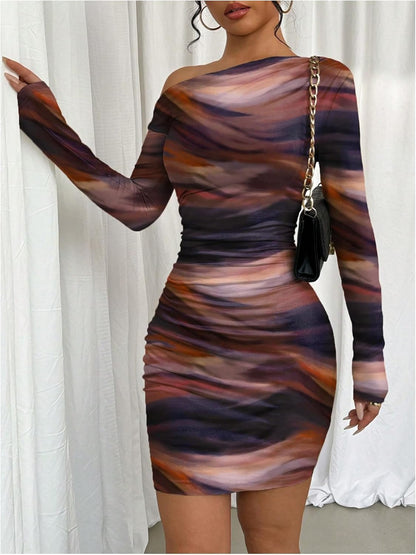 Women's Off Shoulder Ombre Tie Dye Bodycon Dress Long Sleeve Slim Fit Pencil Mini Dresses
