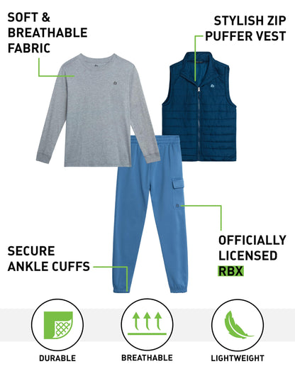 RBX Boys Pants Set - 3 Piece Zip Up Puffer Vest, Crew Neck Long Sleeve T Shirt and Fleece Joggers for Boys (Sizes: 4-12)