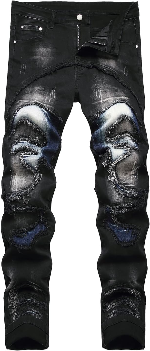 Baylvn Men's Designer Straight Slim Fit Patchwork Jeans Comfort Skinny Biker Denim Pants