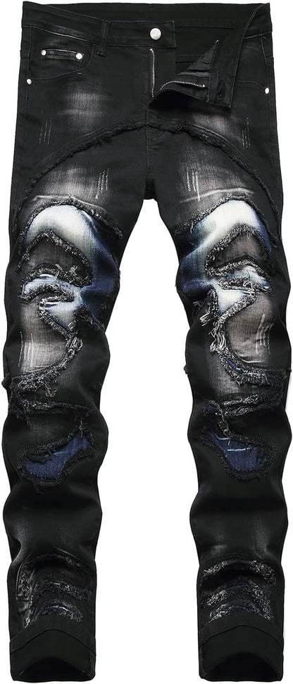 Baylvn Men's Designer Straight Slim Fit Patchwork Jeans Comfort Skinny Biker Denim Pants