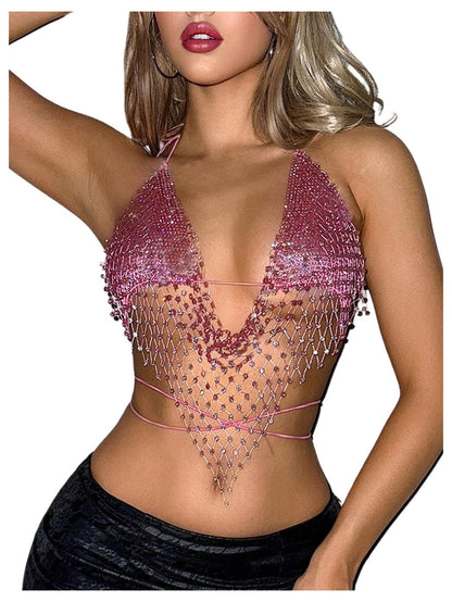 SweatyRocks Women's Glitter Rhinestone Criss Cross Halter Tops Backless Sleeveless Asymmetrical Party Crop Tops