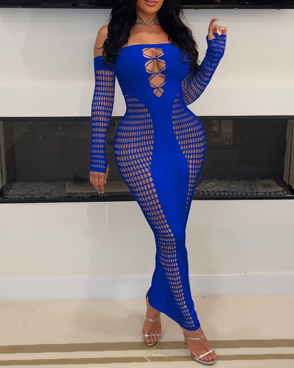 Women's Dress Sexy Club Dress Elegant Long Sleeve Off Shoulder Hollow Out Mesh Bodycon Party Dresses