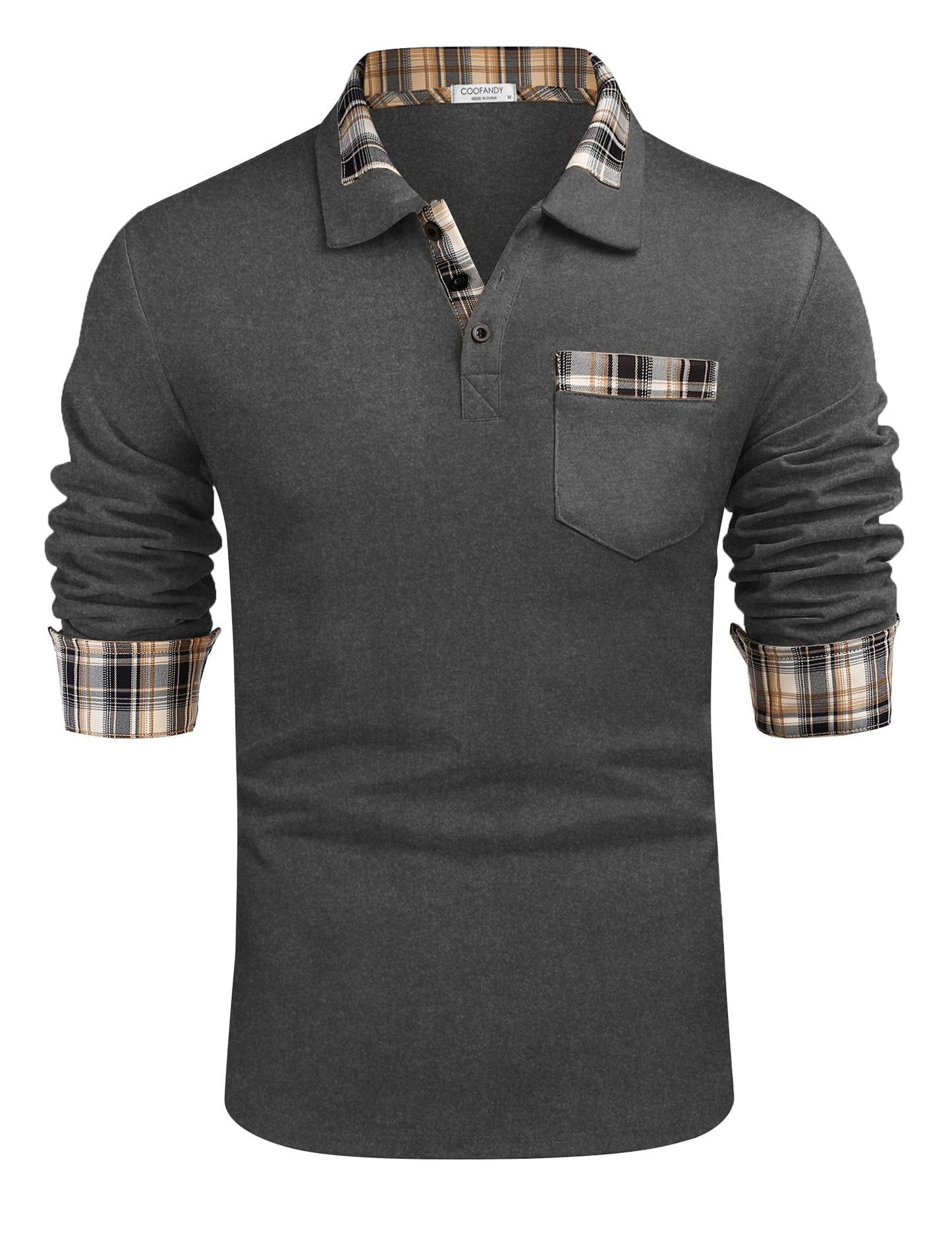 COOFANDY Men's Casual Polo Shirt Long Sleeve Classic Plaid Button Tees with Pockets