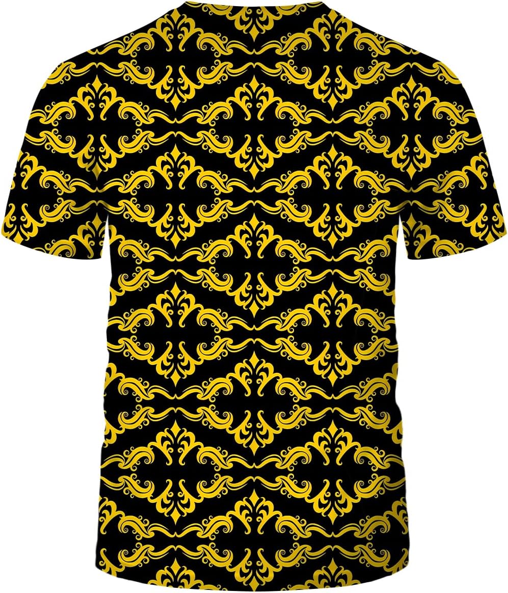 LAOLIUSN Men's Gold Shiny Printed T-Shirt - Golden Ornate Theme, Floral Graphic Tee Shirt