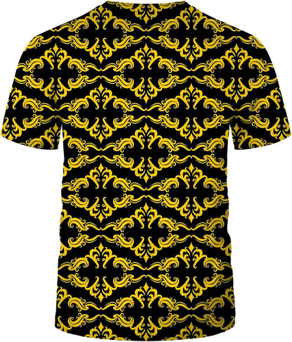 LAOLIUSN Men's Gold Shiny Printed T-Shirt - Golden Ornate Theme, Floral Graphic Tee Shirt