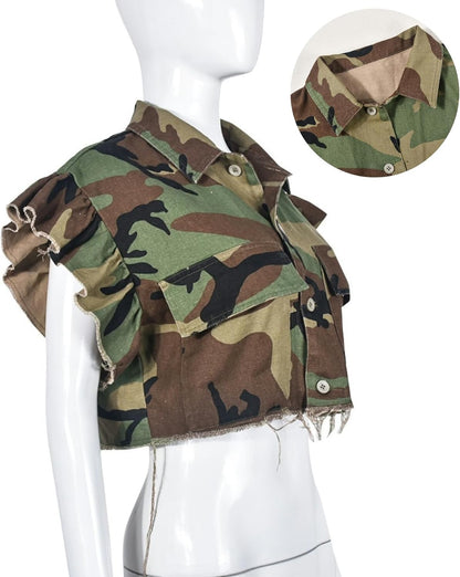 Vaceky Cropped Denim Jacket Women Distressed Camouflage Button Down Shirt Jean Jackets