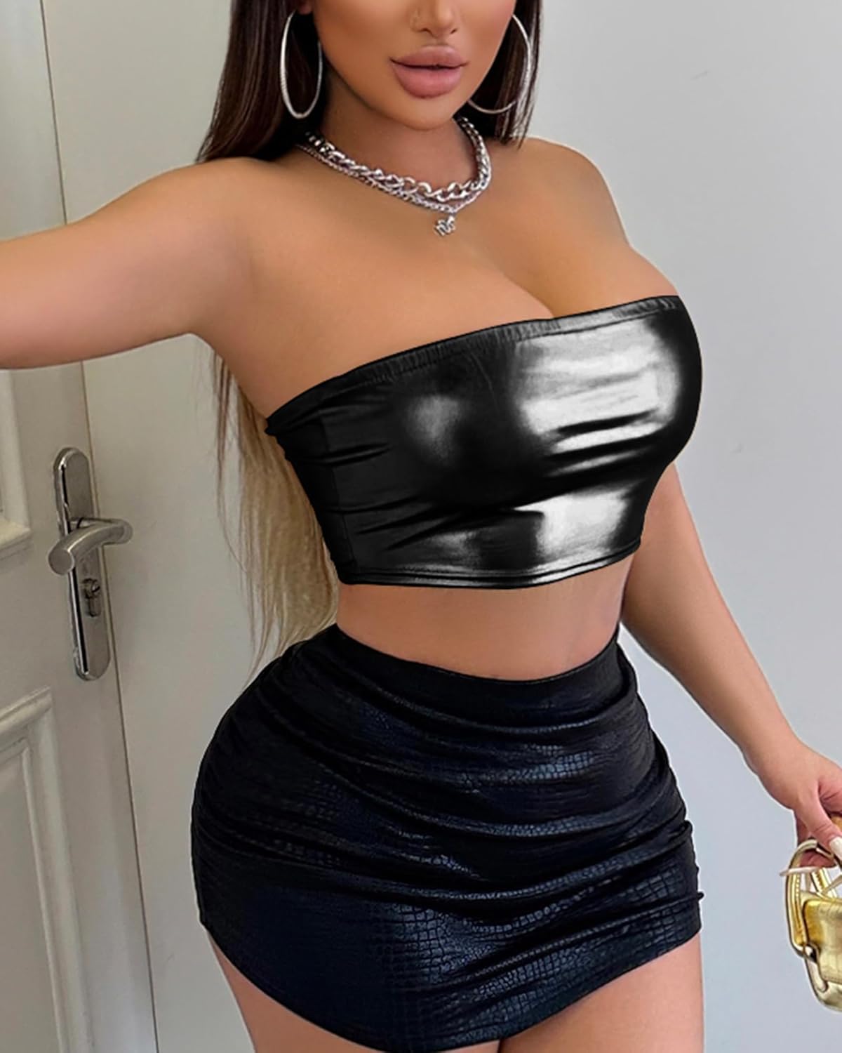 Women's Metallic Shiny Tube Top - Strapless Party Crop Top for Rave, Festival & Night Out