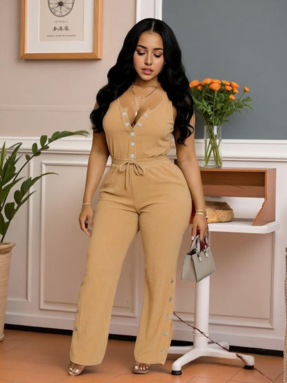 Two Piece Sets for Women Summer Casual Sleeveless Button Crop Top Drawstring Wide Leg Pants Set