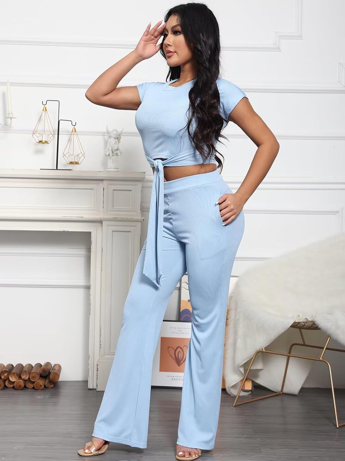 EDITCOZY Women 2 Piece Outfits Sexy Tie Front Crop Top Wide Leg Pants Sets Casual Summer Ribbed Two Piece Set