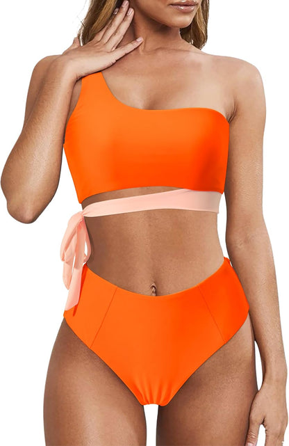 MOOSLOVER Women One Shoulder High Waisted Bikini Tie High Cut Two Piece Swimsuits