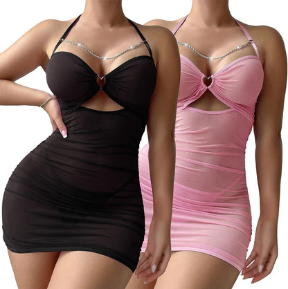Sexy Chain Sheer Mesh Ruched Bodycon Mini Lingerie Dress with Thong 2 Piece Set Outfits