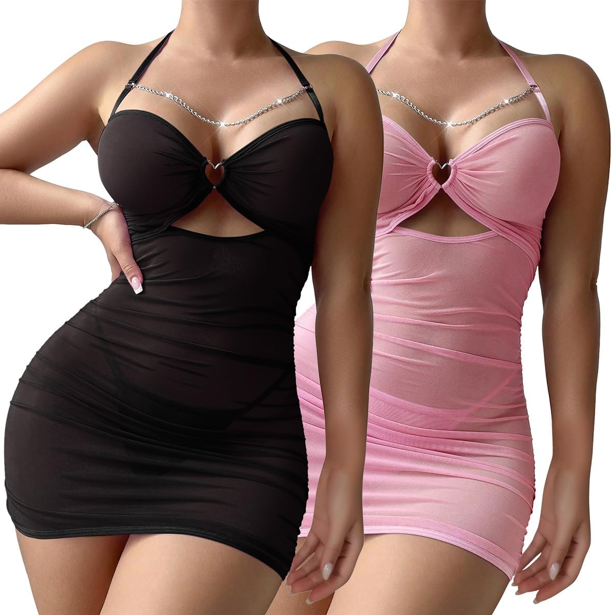 Sexy Chain Sheer Mesh Ruched Bodycon Mini Lingerie Dress with Thong 2 Piece Set Outfits