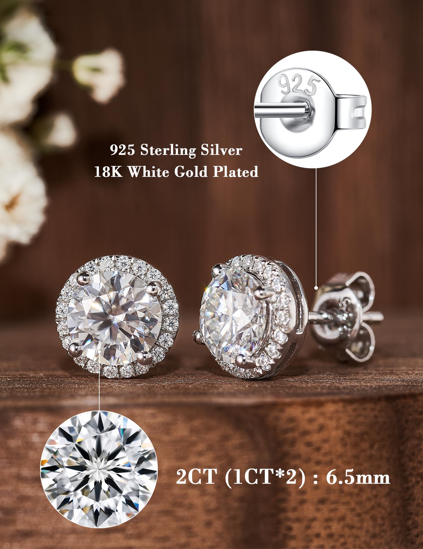 IMOLOVE Moissanite Stud Earrings for Women in Sterling Silver Hypoallergenic 1-3CT D Color Round Cut Moissante Earrings