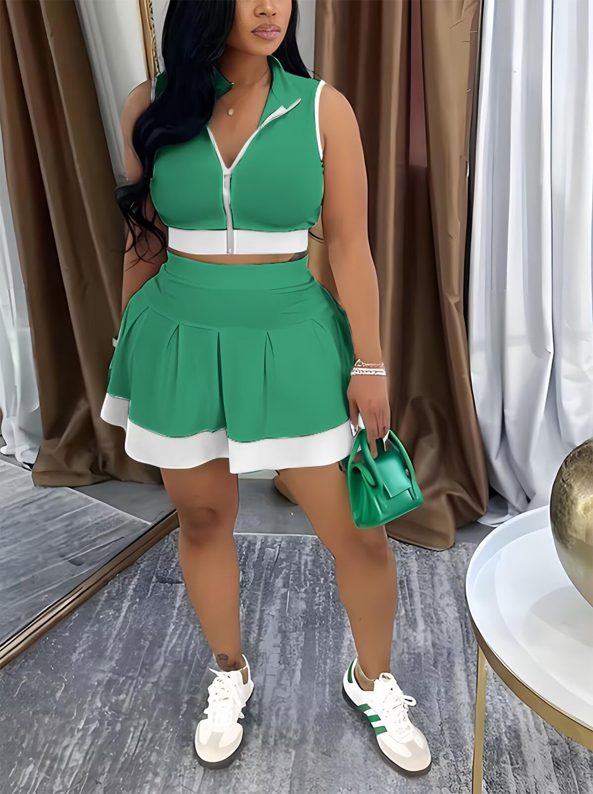 Tennis Outfit Skirt Sets Women 2 Piece Outfits Zipper V Neck Crop Tops and Pleated Skirt Set Summer Tracksuits