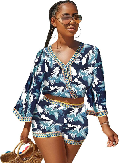 Sexy Two Piece Shorts Set - African Floral Jumpsuits Rompers Vacation Club Outfit