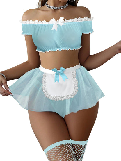 Sexy Stockings Mini Skirt Mesh Sheer Lace Costume Outfit Lingerie with Thong Set 4 Piece