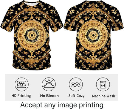 LAOLIUSN Men's Gold Shiny Printed T-Shirt - Golden Ornate Theme, Floral Graphic Tee Shirt