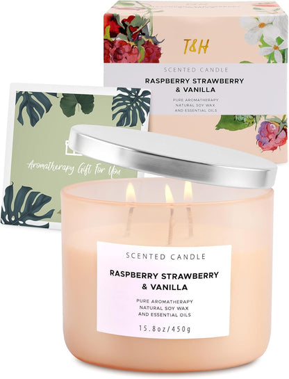 Raspberry Strawberry Vanilla 3 Wick Scented Candle | Large Soy Candles for Home 15.8 oz | Long Lasting Aromatherapy Candle Gift | Refreshing Berry Scented Candles | Relaxing Candle for Women & Men