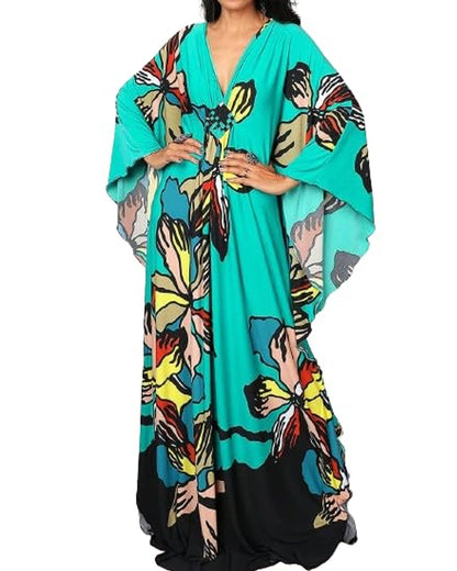 Bsubseach Women Ethnic Print Kaftan Beach Dress Plus Size Swimsuit Cover Up