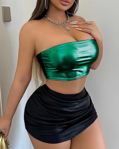 Women's Metallic Shiny Tube Top - Strapless Party Crop Top for Rave, Festival & Night Out