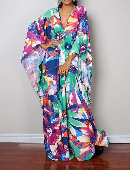 Bsubseach Women Ethnic Print Kaftan Beach Dress Plus Size Swimsuit Cover Up