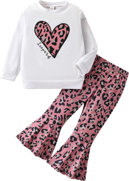 Toddler Girl Clothes Long Sleeve Cartoon & Letter Graphic Top + Fruit Stationery Print Flared Leg Pants