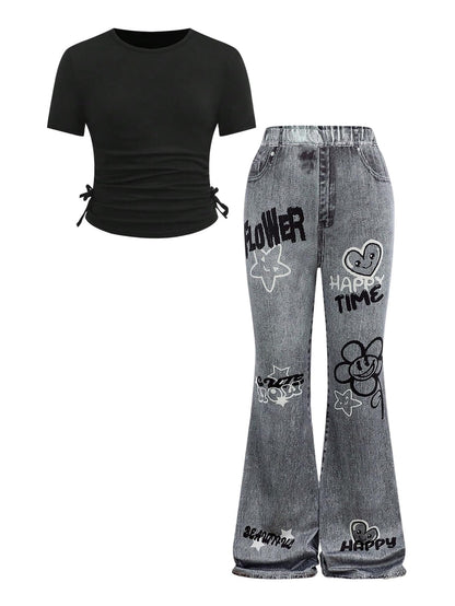 SOLY HUX Girl's 2 Piece Summer Outfits Cute Graphic Print Short Sleeve Tee Tops and Flare Leg Pants Set