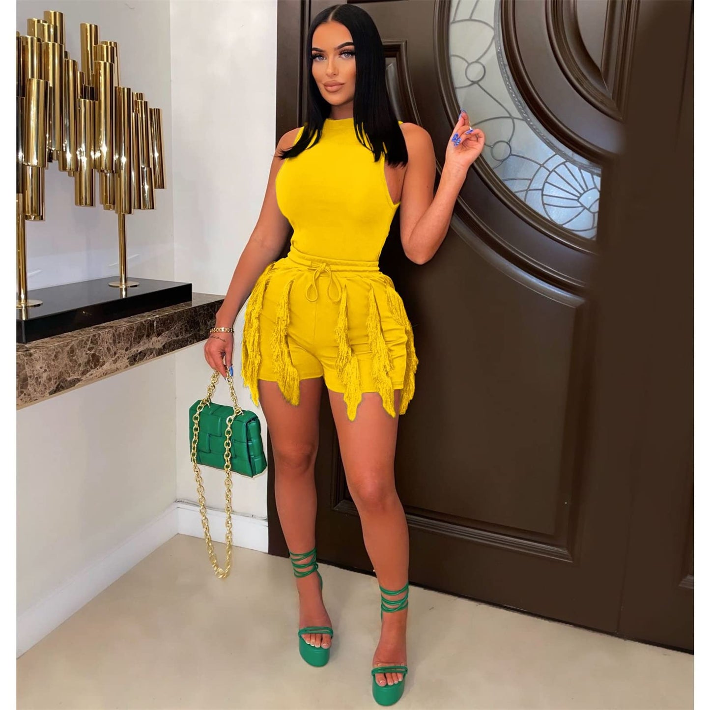 Elainone Two Piece Outfits for Women Sexy Bodycon Sleeveless Tops Drawstring Waist Shorts Sets