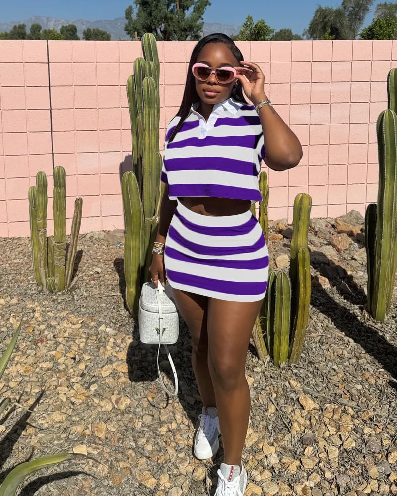 HBQ Women's Casual Two Piece Skirt Sets Polo Collar Crop Top Striped Mini Dress Summer Vacation-Stripe
