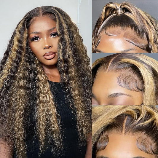 1B/30 Deep Wave Lace Front Wigs Human Hair Pre Plucked Balayage Ombre Brown Curly Lace Front Wig Human Hair13x4 HD Lace Frontal Glueless Wigs for Women 180% Density 26 Inch