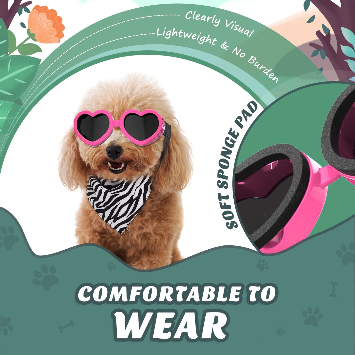 Small Dog Sunglasses UV Protection Goggles Eye Wear Protection with Adjustable Strap Doggy Heart Shape Anti-Fog Sunglasses for Pet Dogs Sun Glasses Doggie Windproof Glasses, Pink