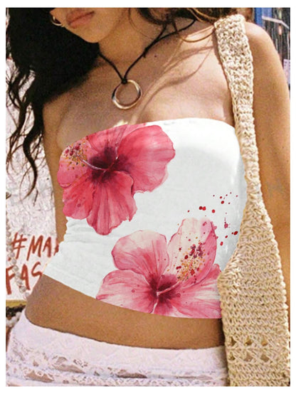 WDIRARA Women's Floral Print Strapless Crop Tube Tops Slim Fit Summer Causal Bandeau Top